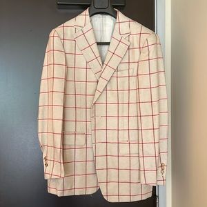 Canali exclusive silk and cashmere sport coat in red and tan check. Size 52.